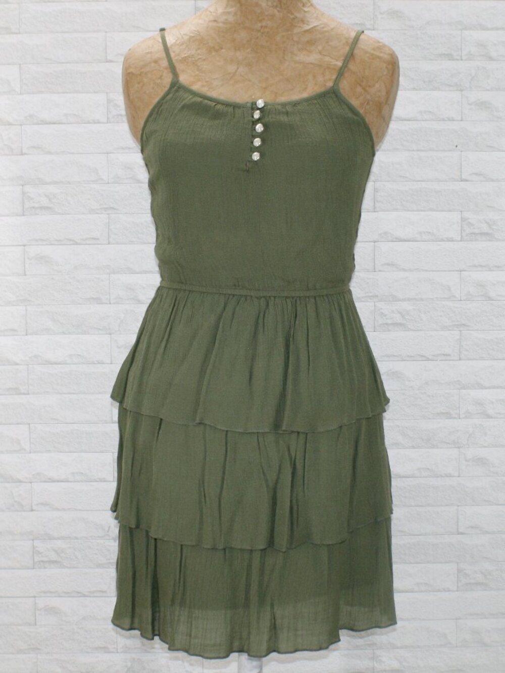 AS U WISH Dress Ruffle Summer Sundress Layered Mini Olive Green Medium